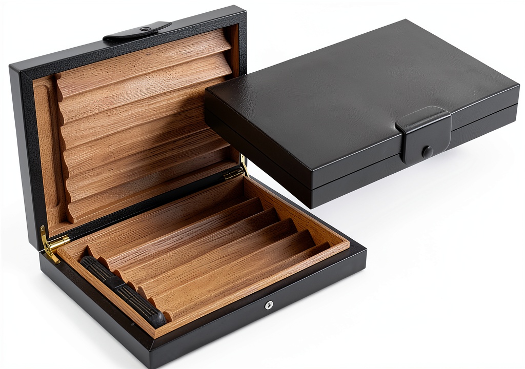Humidor Mastro de Paja Cofanetto umidificatore per sigari posizionato su una libreria in legno con sigari all'interno